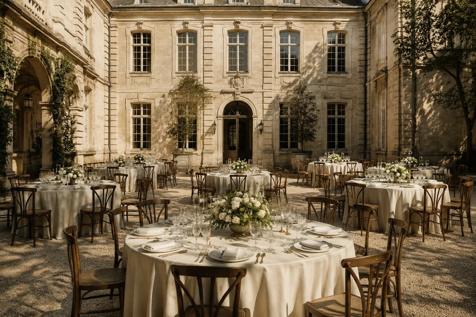 Inspiration générée par IA — cour de pierre et réception contemporaine
