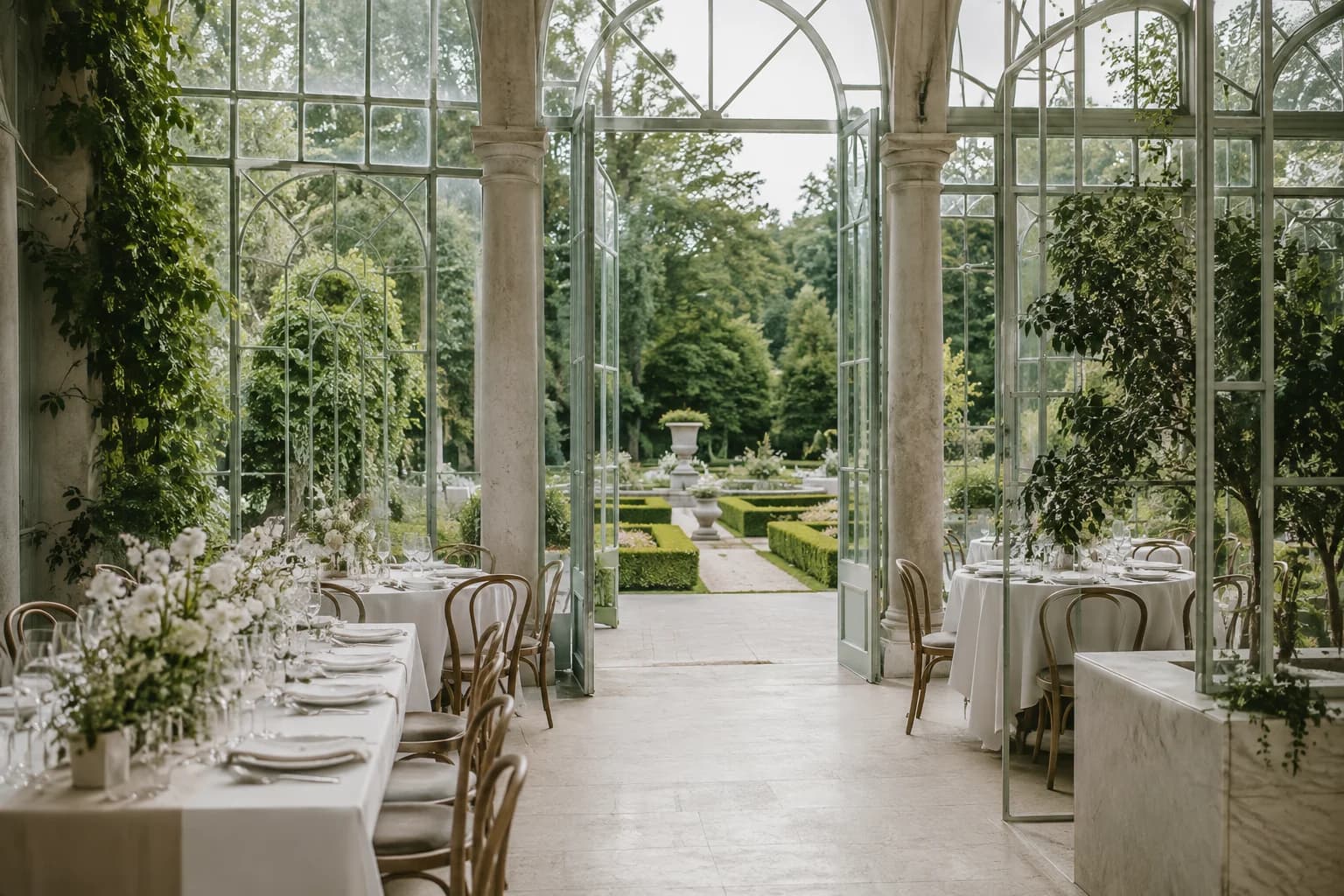 Inspiration générée par IA — réception blanche et végétale sous une orangerie